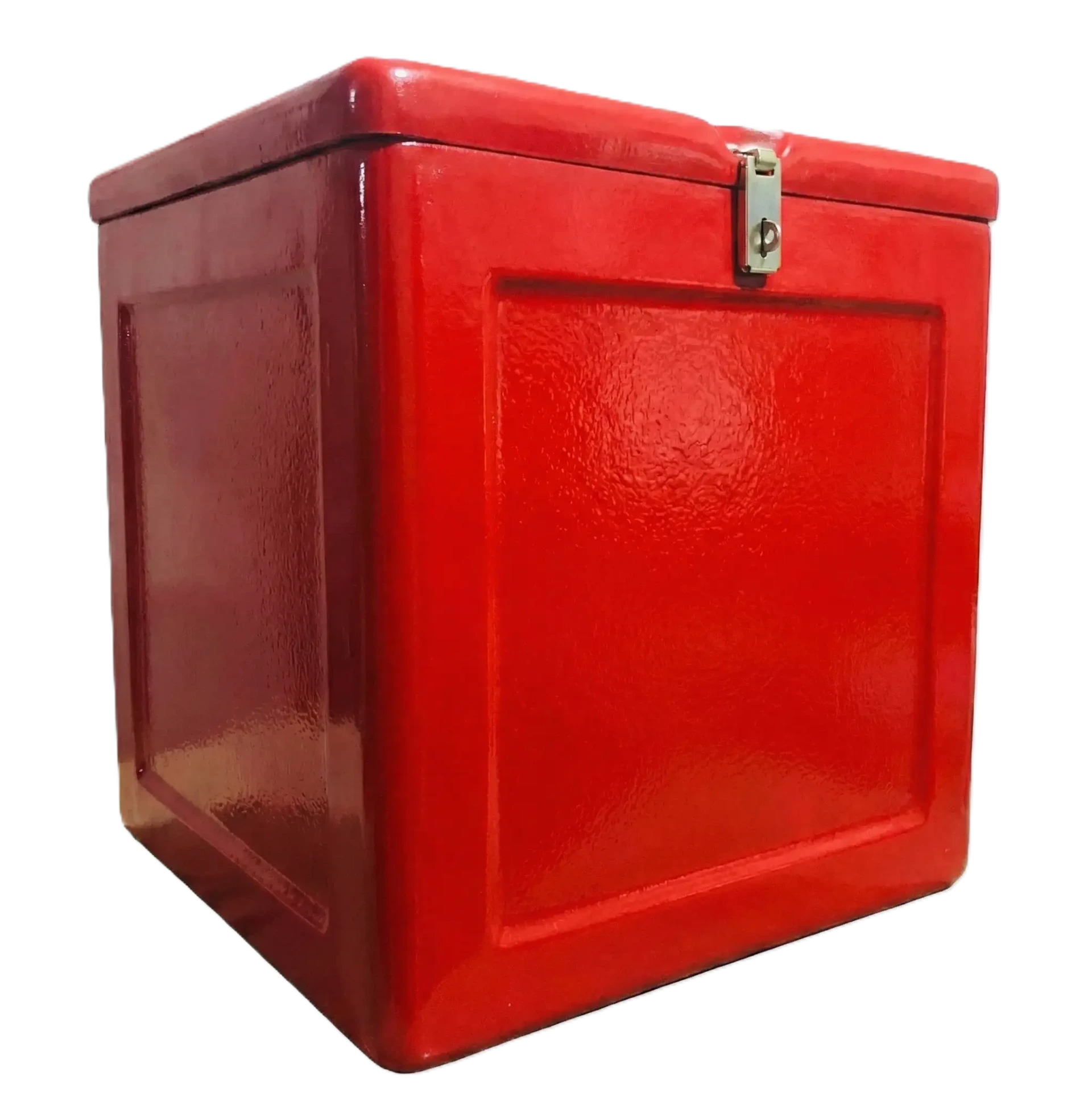 صندوق كابينة سيارة فيبر جلاس باللون الأحمر اللامع بتصميم مستطيل متين، مزود بمفصلات قوية وقفل علوي لتأمين البضائع، مثالي لسيارات النقل والتوصيل بمقاومة عالية للصدمات.