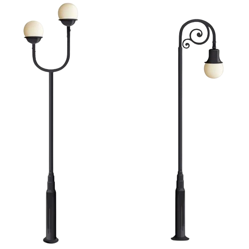 نموذج لـ أعمدة إنارة فيبر جلاس ديكورية بتصميمات فاخرة على خلفية سوداء، يضم العمود الأول كرتين مضيئتين والآخر كرة واحدة بلمسات منحنية أنيقة، مصنعة من الفيبر جلاس عالي الجودة لتزيين وإنارة الحدائق والقرى السياحية بلمسة جمالية فريدة.