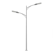 تصميم عصري بسيط لـ أعمدة إنارة فيبر جلاس ثنائية الذراع، يتميز بذراعين منحنيين يمتدان من عمود مركزي بلمسة جمالية حديثة، مثالية لتجهيز أعمدة إنارة ديكورية للقرى السياحية والمدن الجديدة في مصر.