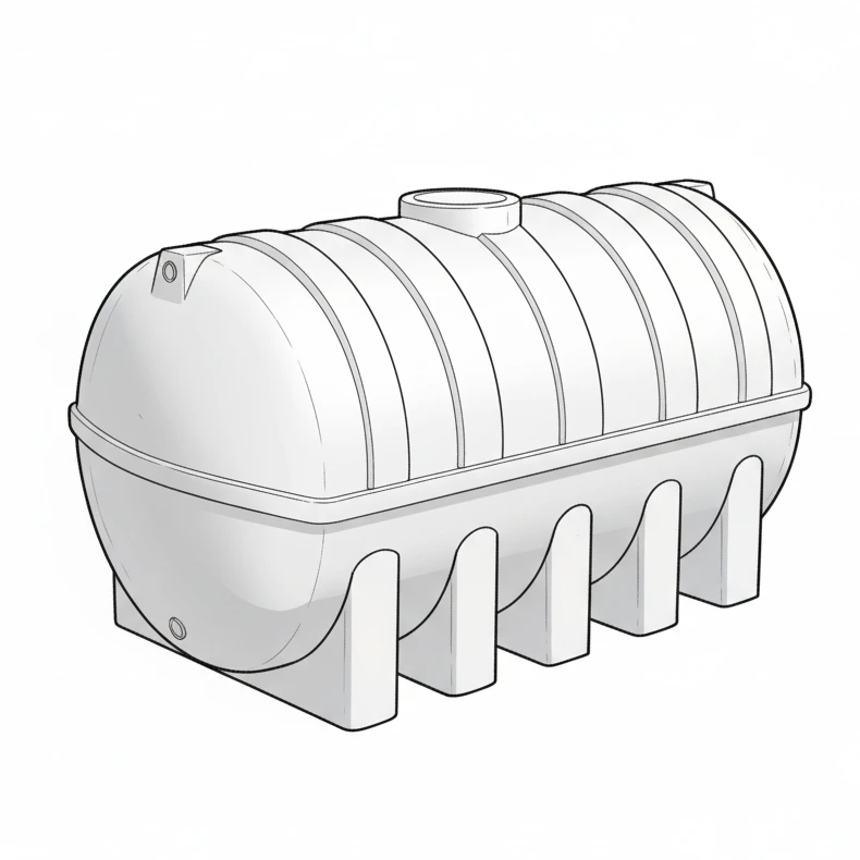 رسم توضيحي لخزان مياه فيبر جلاس أسطواني للتركيب تحت الأرض، يتميز بجوانب مضلعة لتعزيز المتانة وغطاء دائري علوي، مصنع من خامات الفيبر جلاس المقاومة للضغط والتربة، مثالي لتخزين المياه في المشروعات الإنشائية والمعمارية.