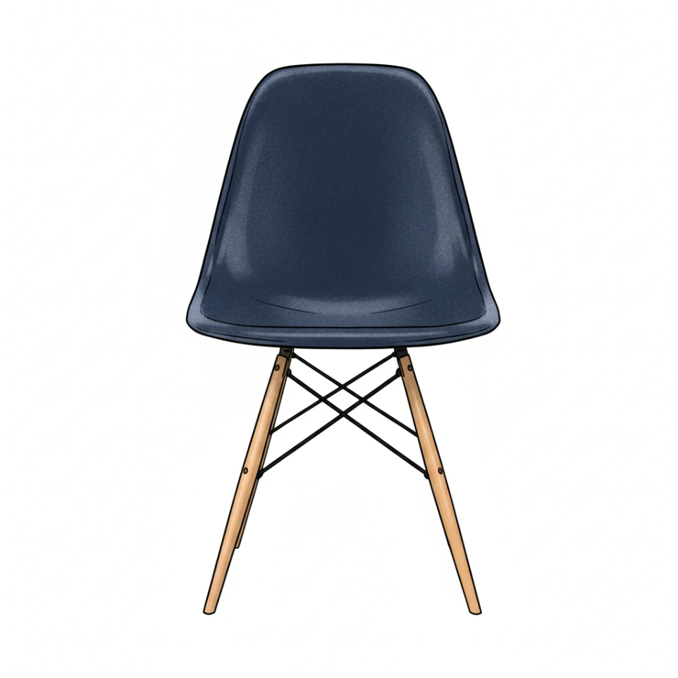 كرسي فيبر جلاس أزرق داكن بتصميم عصري مريح، مزود بأرجل خشبية وقواعد معدنية متقاطعة، يجمع بين المتانة والأناقة كقطعة أثاث مودرن مثالية للمنازل والكافيهات.