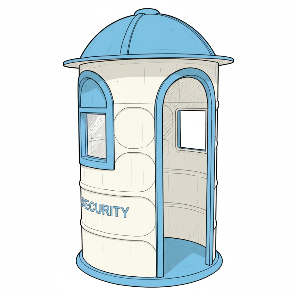 تصميم كشك حراسة فيبر جلاس دائري بسقف قبة أزرق، مزود بلوحة إرشادية ونوافذ رؤية شاملة لأفراد الأمن.