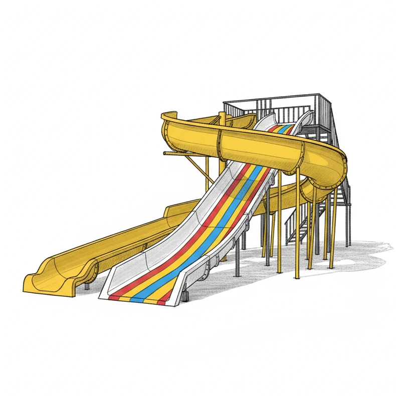 مجمع ألعاب مائية فيبر جلاس يضم منزلقات أنبوبية صفراء وزحليقة مائية مفتوحة مخططة بألوان الأحمر والأصفر والأزرق، مصمم لتجهيز أكوا بارك مبهجة توفر أجواء من الحماس والمتعة للأطفال.