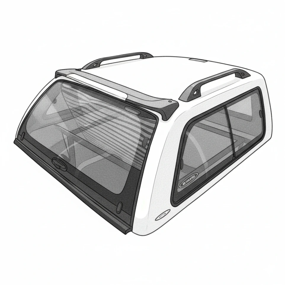 رسم توضيحي لكابينة سيارة فيبر جلاس (توبار) باللون الأبيض مع نوافذ داكنة وقضبان سقف، تتميز بتصميم انسيابي عملي يوفر أقصى حماية لصندوق الشاحنات بلمسة عصرية ومتينة.